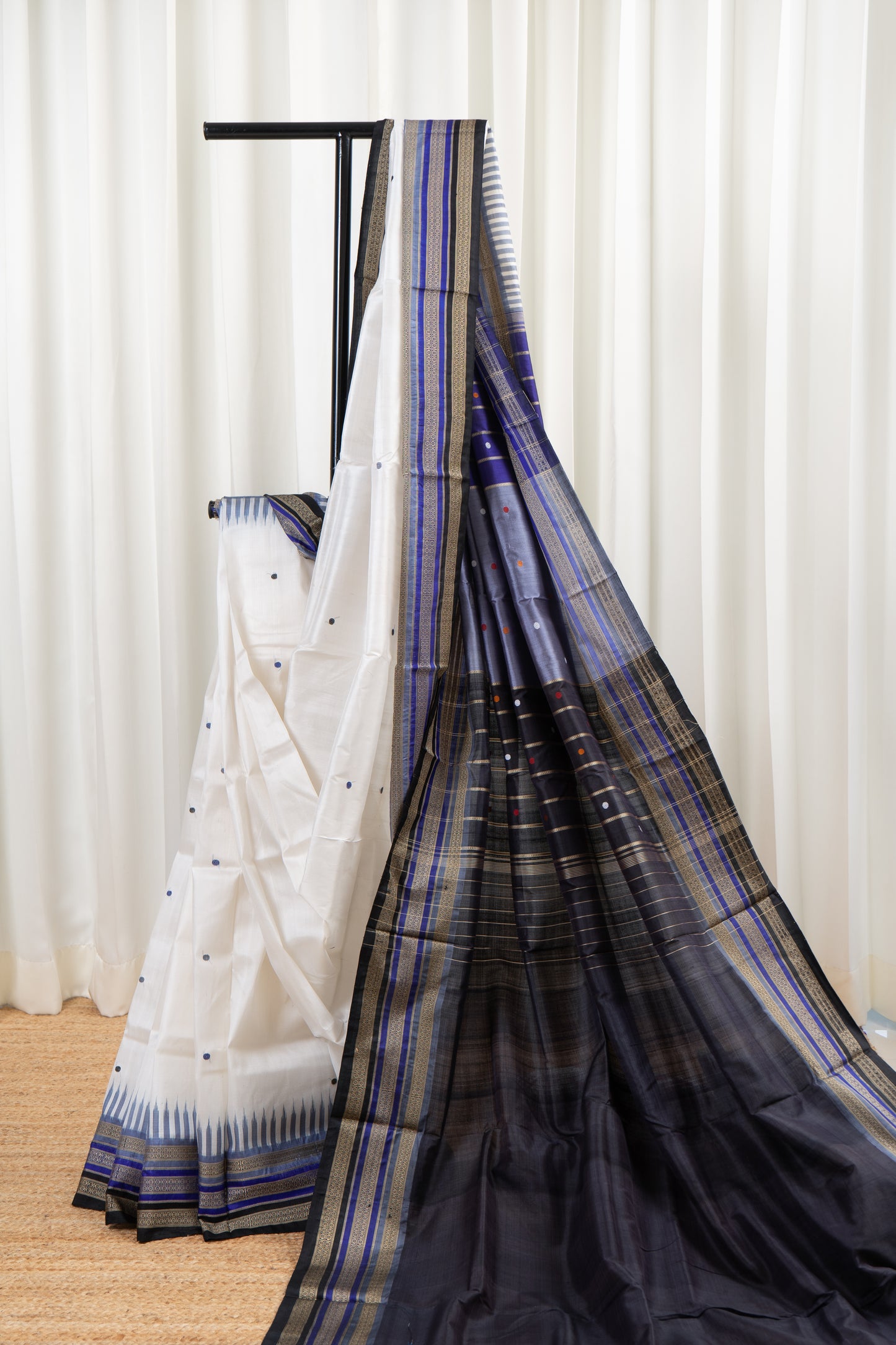 Kathifera Triple Border Ikkat Khandua Silk Saree - White