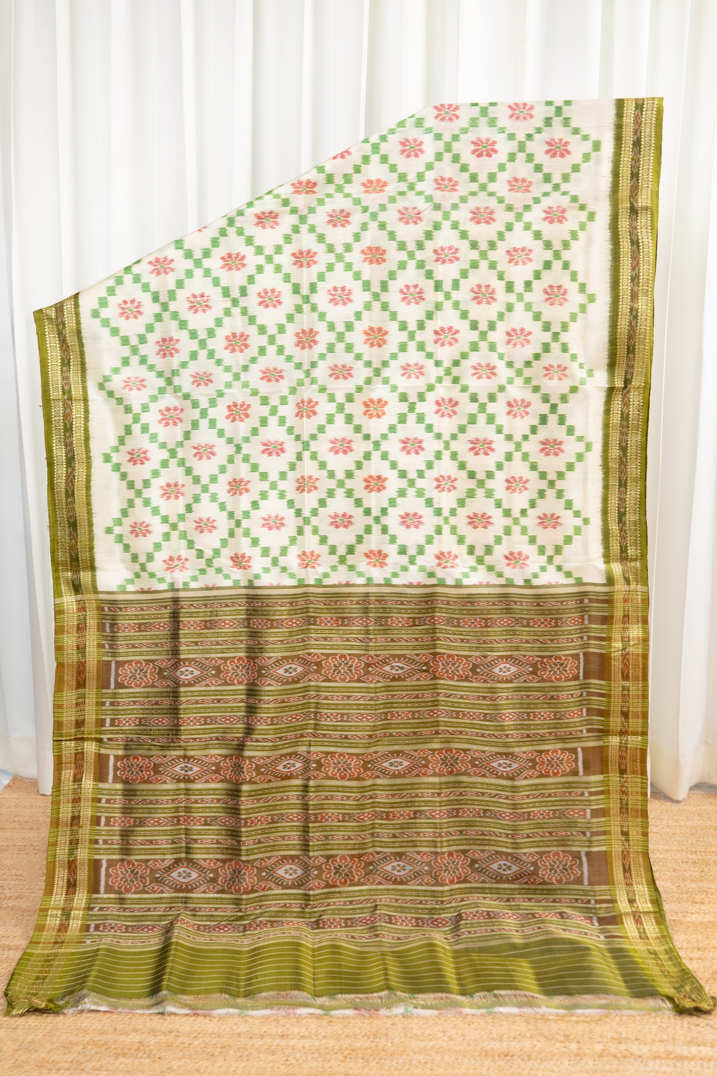 Odisha Ikkat Khandua Pure Silk Saree- Off White & Green