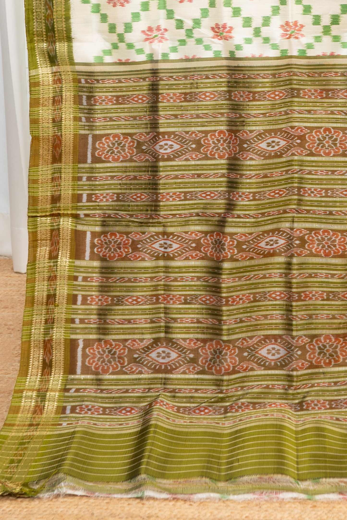 Odisha Ikkat Khandua Pure Silk Saree- Off White & Green