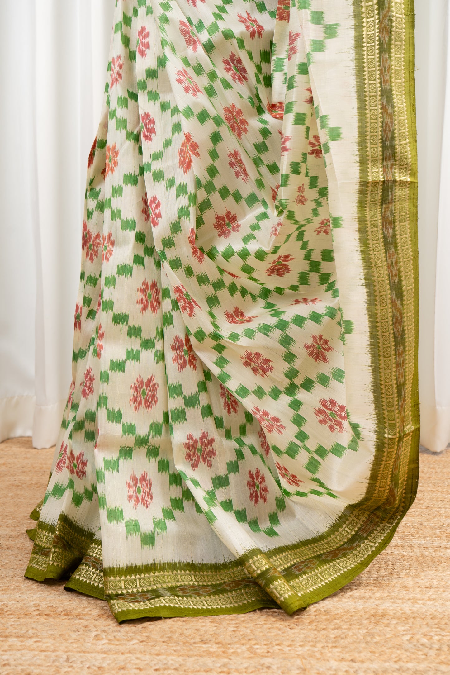 Odisha Ikkat Khandua Pure Silk Saree- Off White & Green
