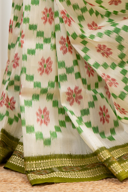 Odisha Ikkat Khandua Pure Silk Saree- Off White & Green