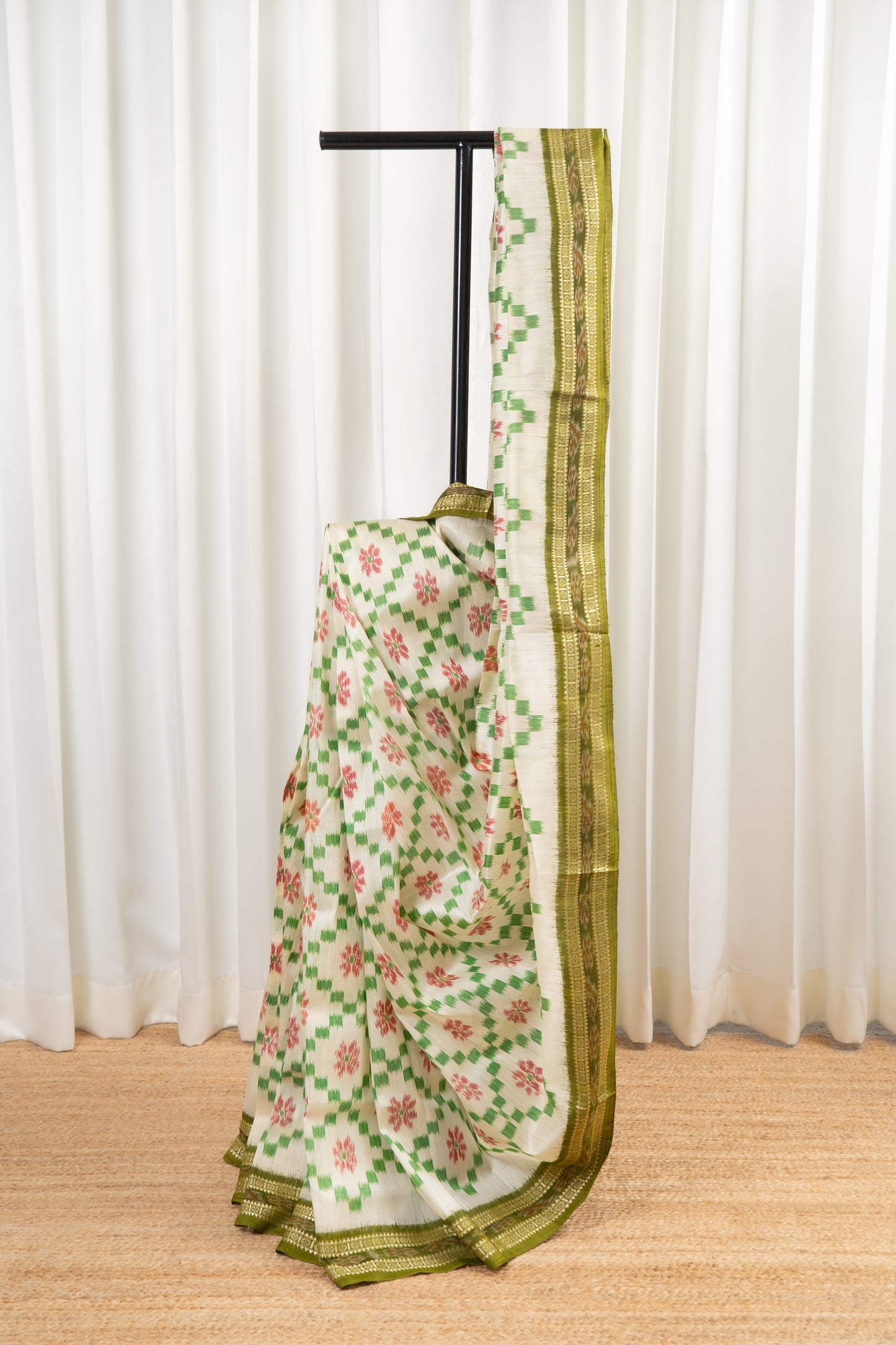 Odisha Ikkat Khandua Pure Silk Saree- Off White & Green
