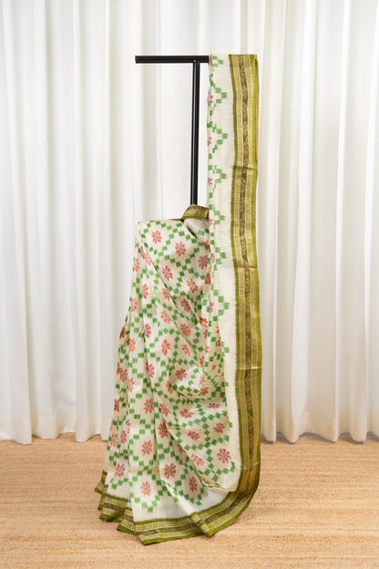 Odisha Ikkat Khandua Pure Silk Saree- Off White & Green
