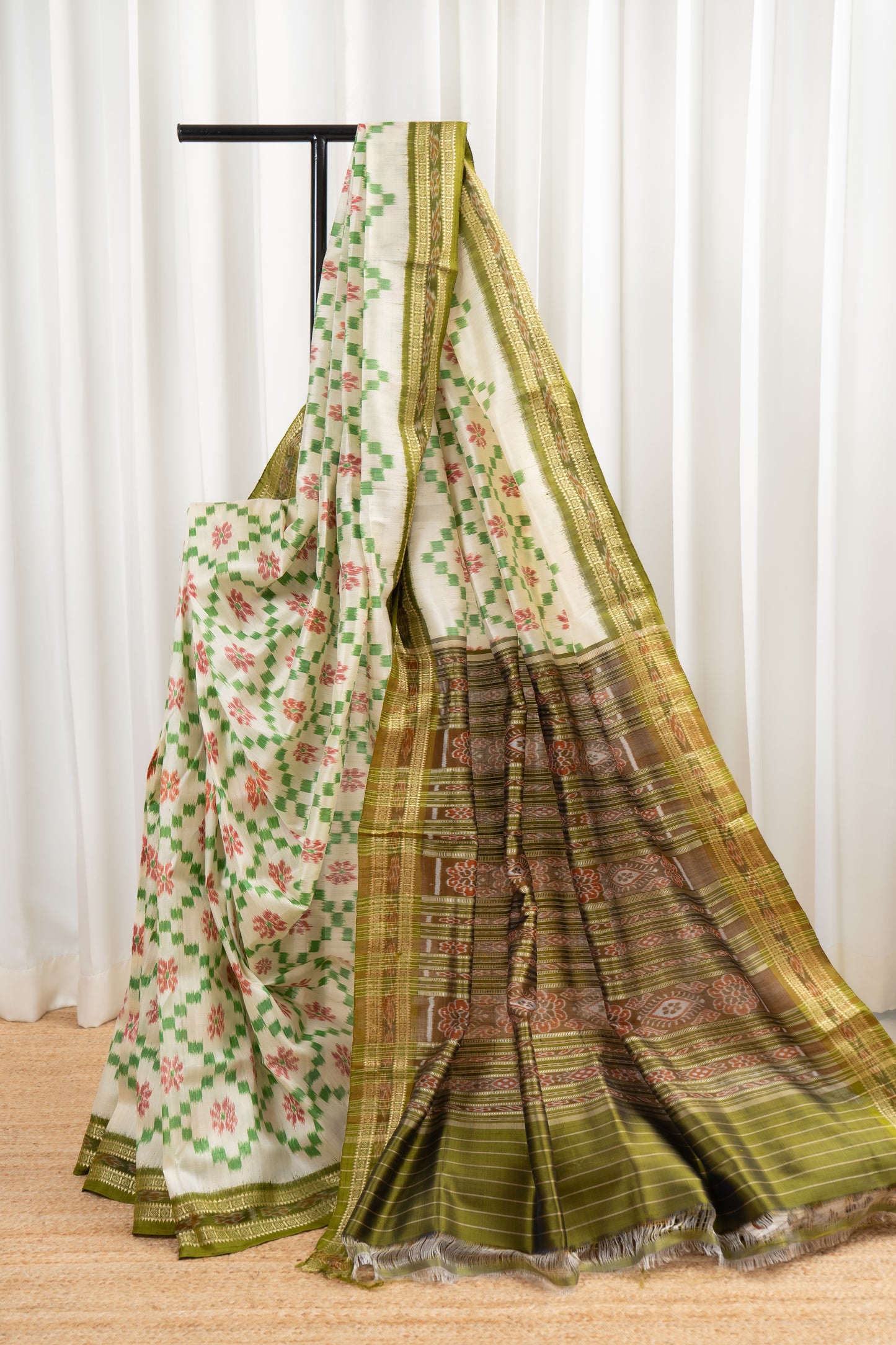Odisha Ikkat Khandua Pure Silk Saree- Off White & Green