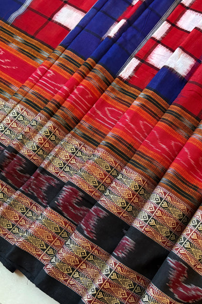 Sambalpuri Bichitrapuri Pure Cotton Saree: Blue, Red & Black