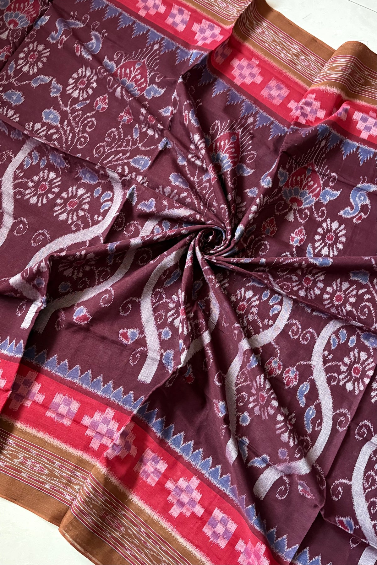 Odisha Ikkat Khandua Cotton Saree - Dark Coffee