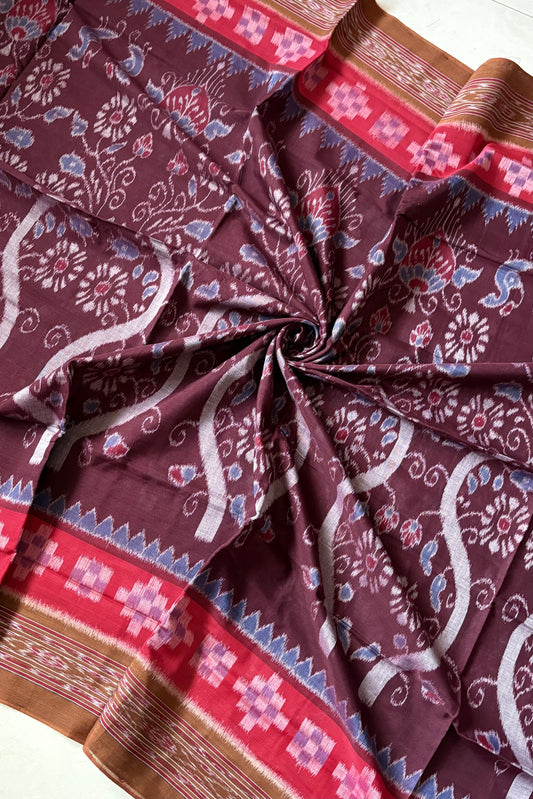 Odisha Ikkat Khandua Cotton Saree - Dark Coffee