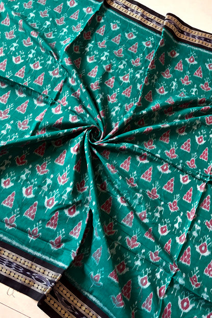 Odisha Ikkat Khandua Cotton Saree- Aqua Green
