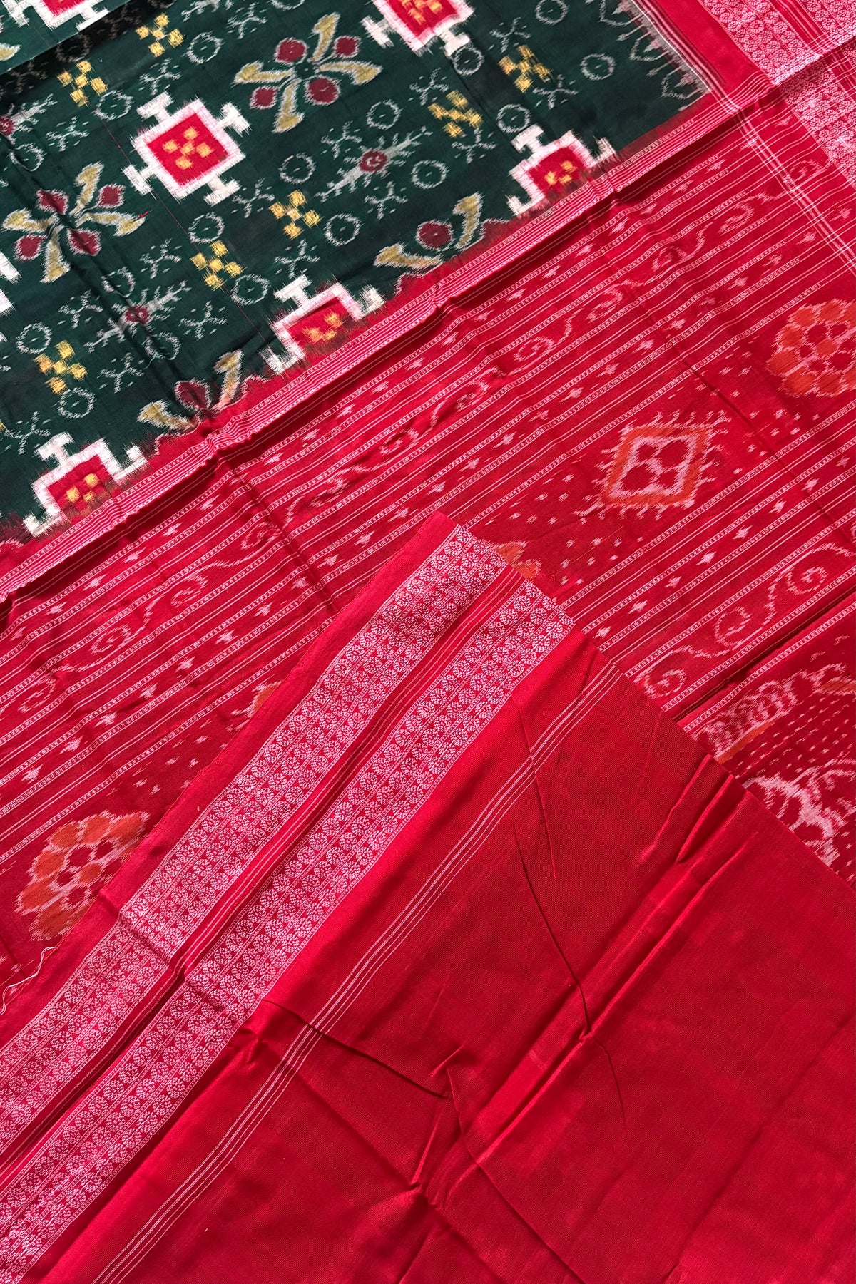 Sambalpuri Pure Cotton Saree - Bottle Green
