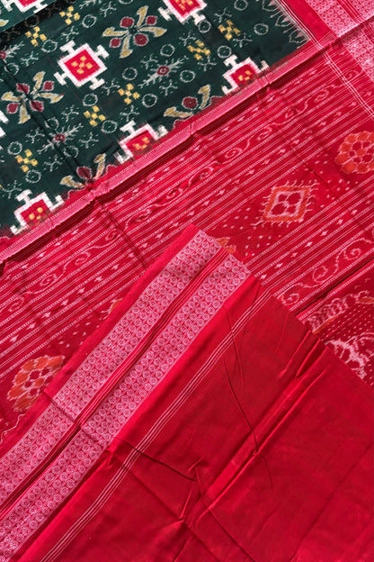 Sambalpuri Pure Cotton Saree - Bottle Green