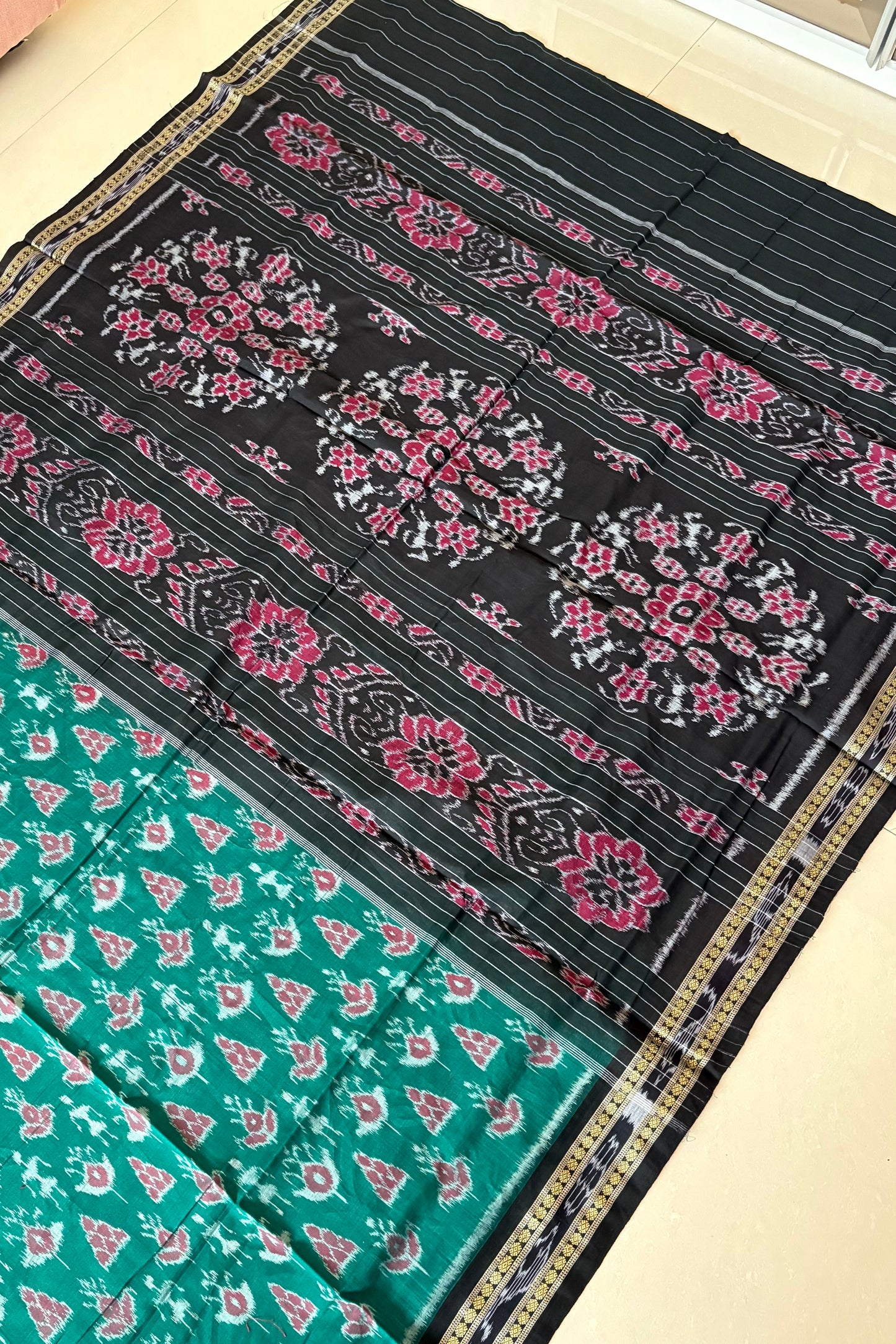 Odisha Ikkat Khandua Cotton Saree- Aqua Green