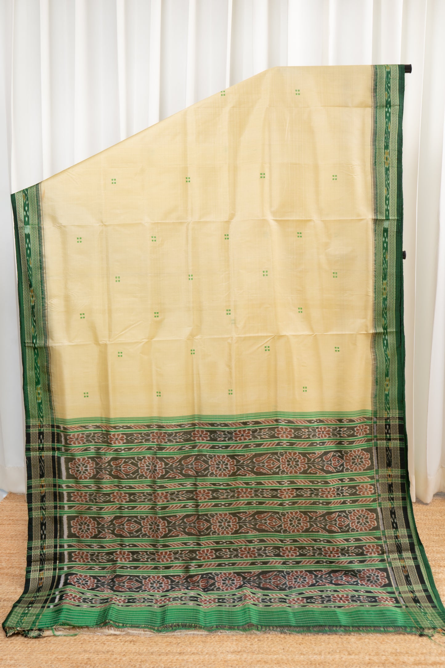 Odisha Ikkat Khandua Pure Silk Saree- Beige And Green