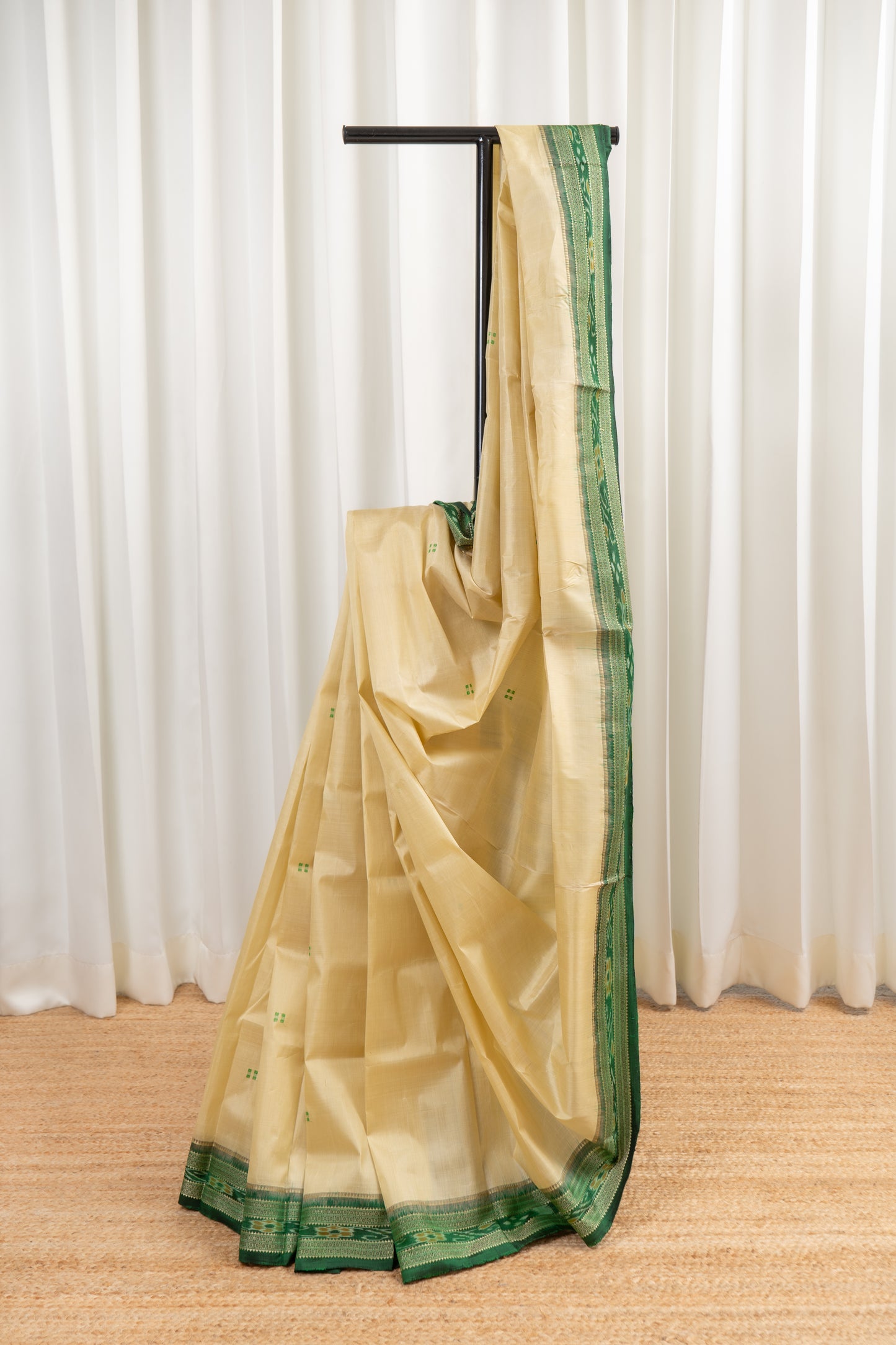 Odisha Ikkat Khandua Pure Silk Saree- Beige And Green