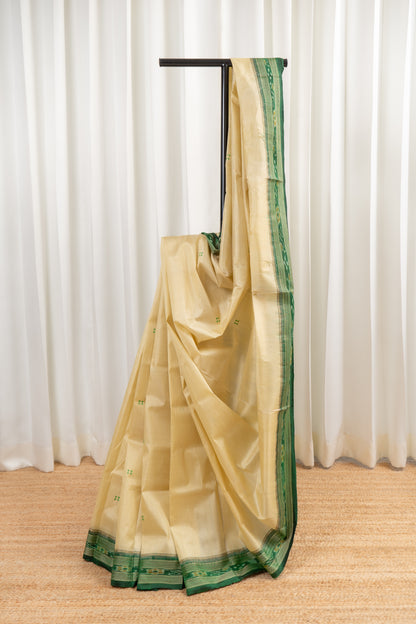 Odisha Ikkat Khandua Pure Silk Saree- Beige And Green