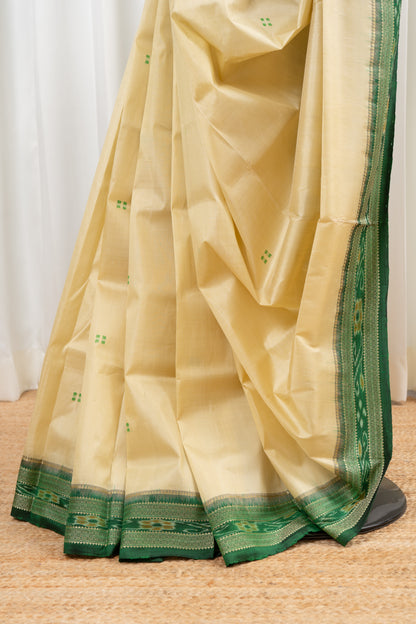 Odisha Ikkat Khandua Pure Silk Saree- Beige And Green