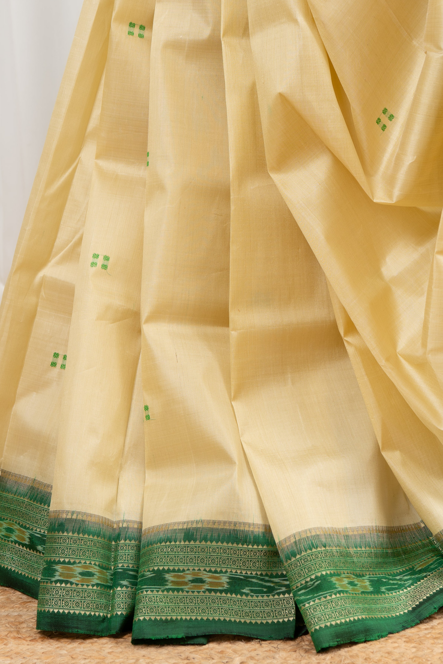 Odisha Ikkat Khandua Pure Silk Saree- Beige And Green