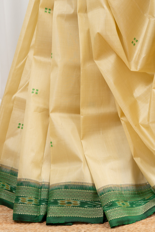 Odisha Ikkat Khandua Pure Silk Saree- Beige And Green