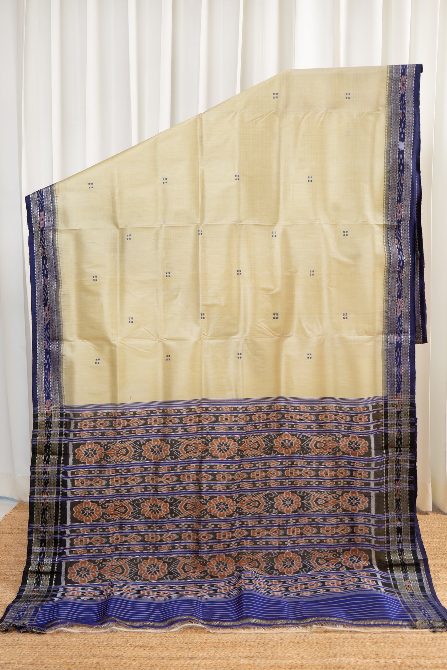 Odisha Ikkat Khandua Pure Silk Saree- Beige And Navy Blue