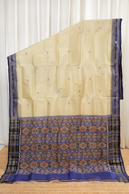 Odisha Ikkat Khandua Pure Silk Saree- Beige And Navy Blue