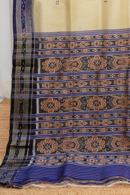 Odisha Ikkat Khandua Pure Silk Saree- Beige And Navy Blue
