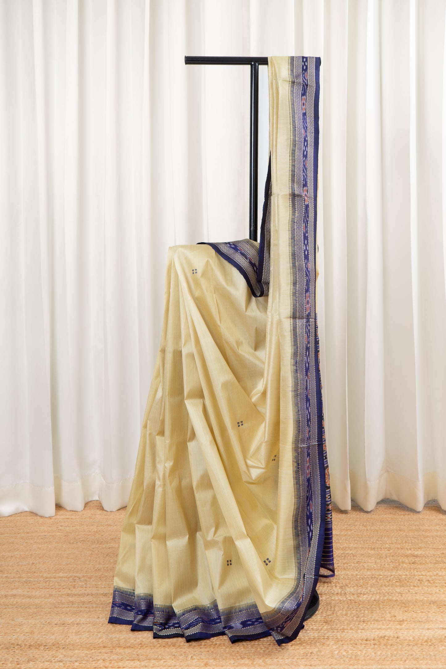 Odisha Ikkat Khandua Pure Silk Saree- Beige And Navy Blue