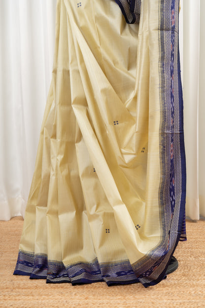 Odisha Ikkat Khandua Pure Silk Saree- Beige And Navy Blue
