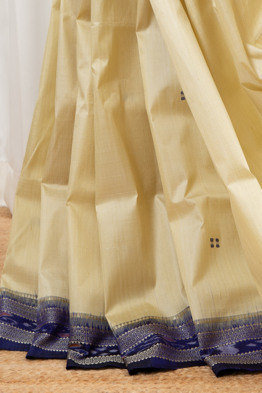 Odisha Ikkat Khandua Pure Silk Saree- Beige And Navy Blue