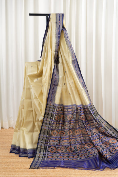 Odisha Ikkat Khandua Pure Silk Saree- Beige And Navy Blue