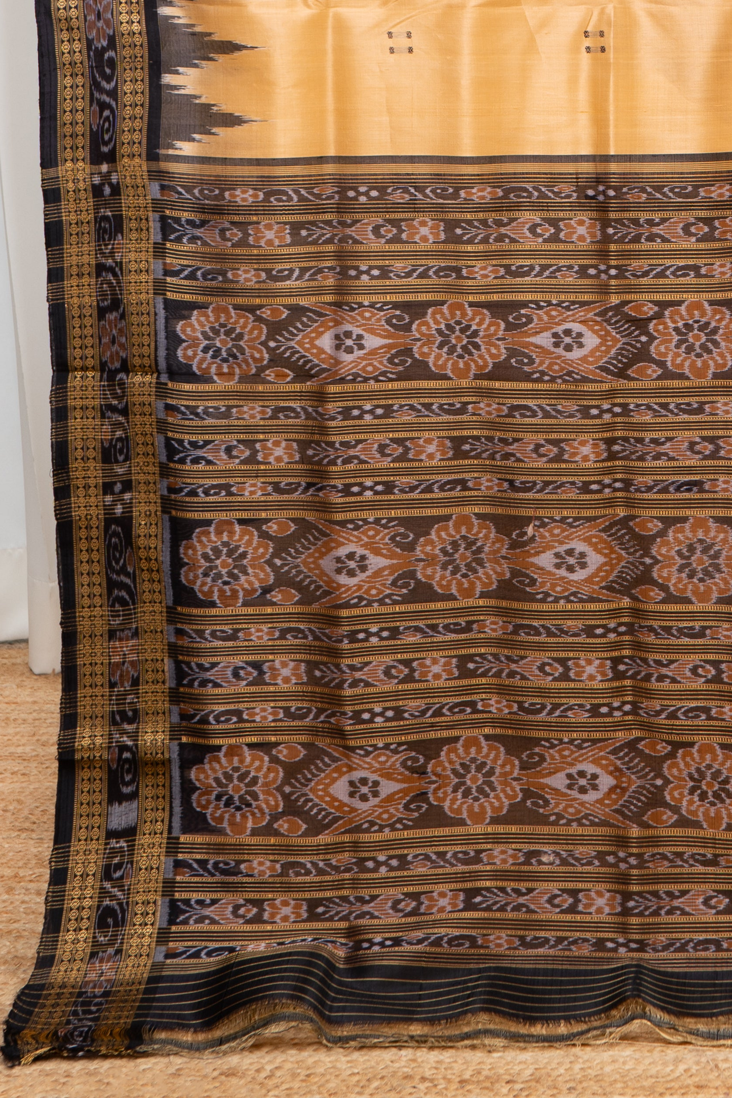 Odisha Ikkat Khandua Pure Silk Saree- Pale Gold and Black