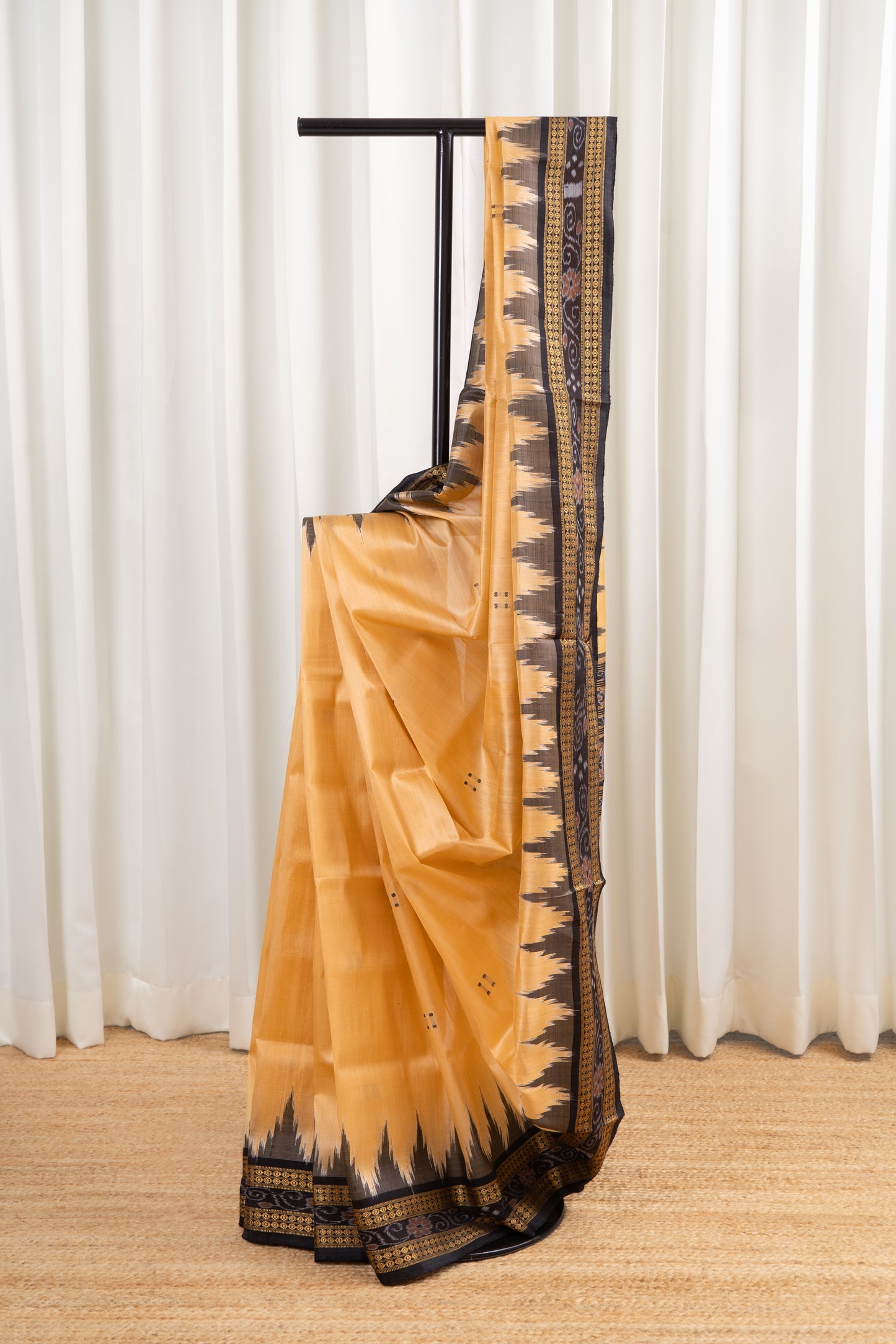Odisha Ikkat Khandua Pure Silk Saree- Pale Gold and Black