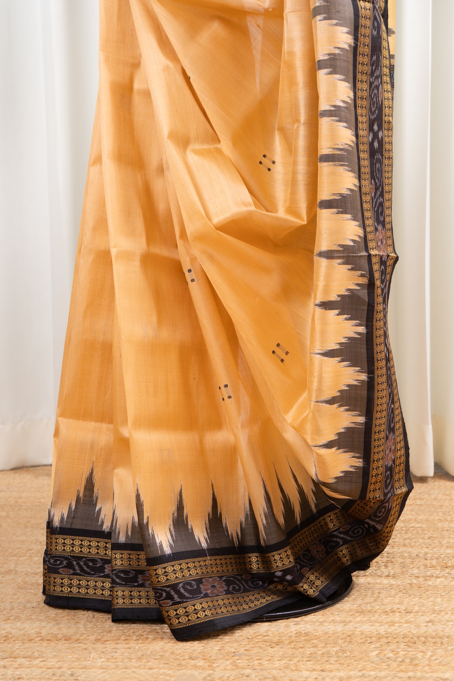 Odisha Ikkat Khandua Pure Silk Saree- Pale Gold and Black