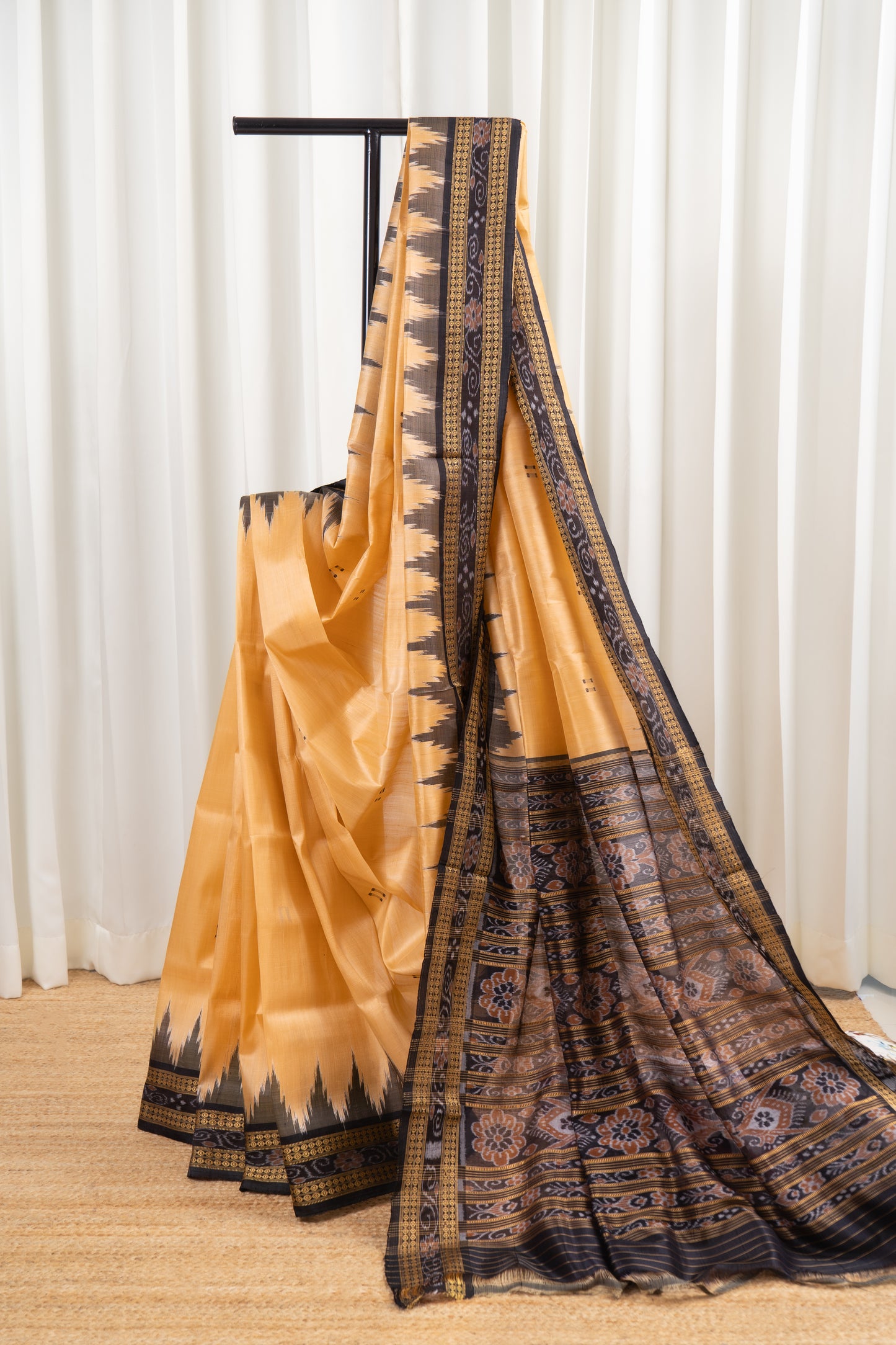 Odisha Ikkat Khandua Pure Silk Saree- Pale Gold and Black