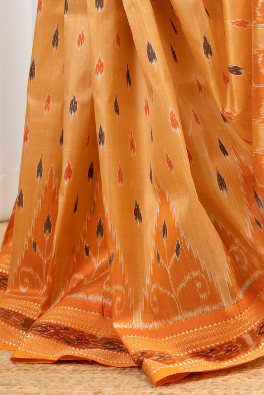 Odisha Ikkat Khandua Pure Silk Saree- Pastel Orange