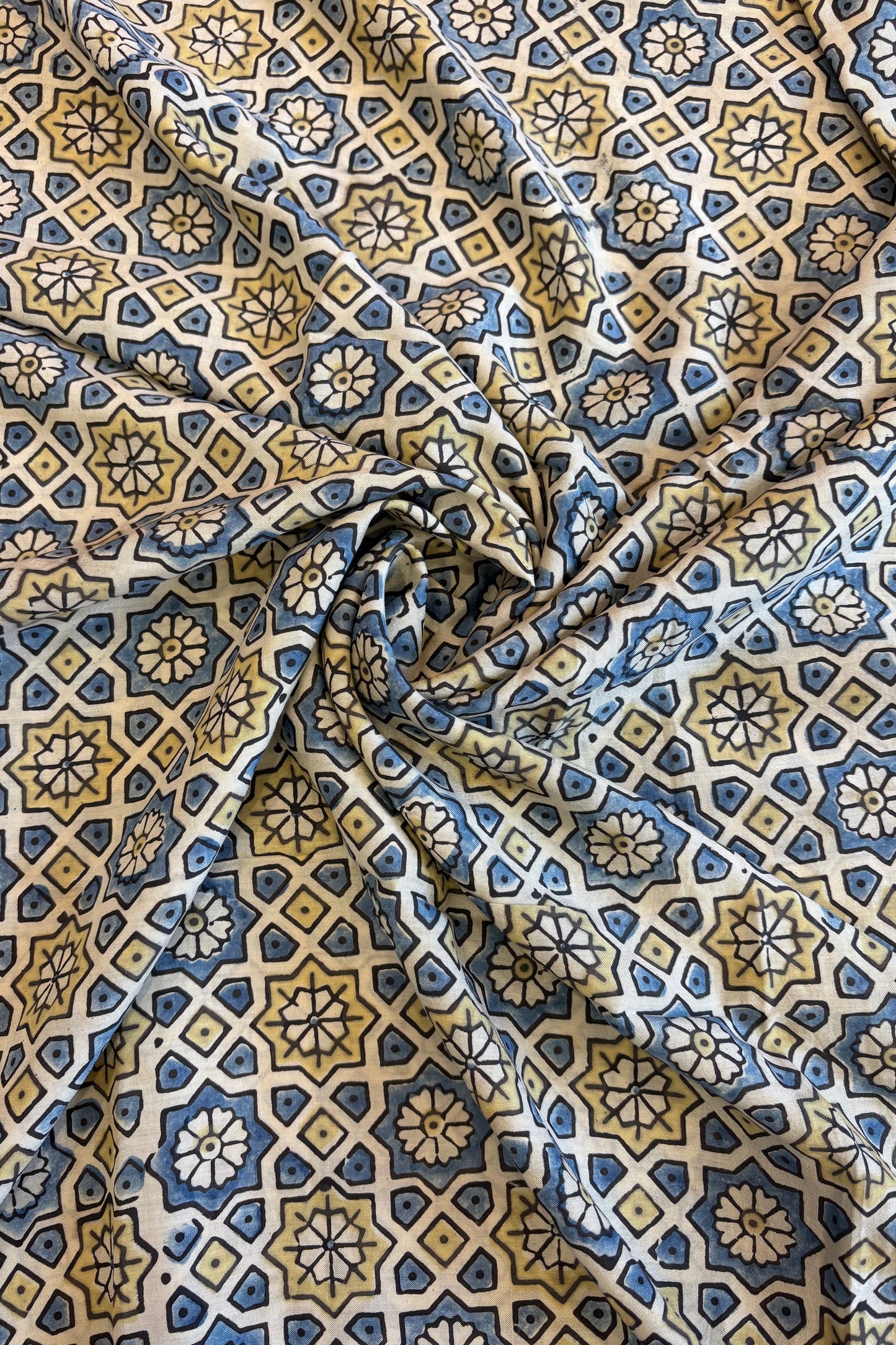 Ajrakh Mulberry Natural Dye Hand Block Print Saree - Beige