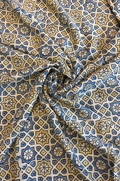 Ajrakh Mulberry Natural Dye Hand Block Print Saree - Beige