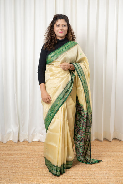 Odisha Ikkat Khandua Pure Silk Saree- Beige And Green