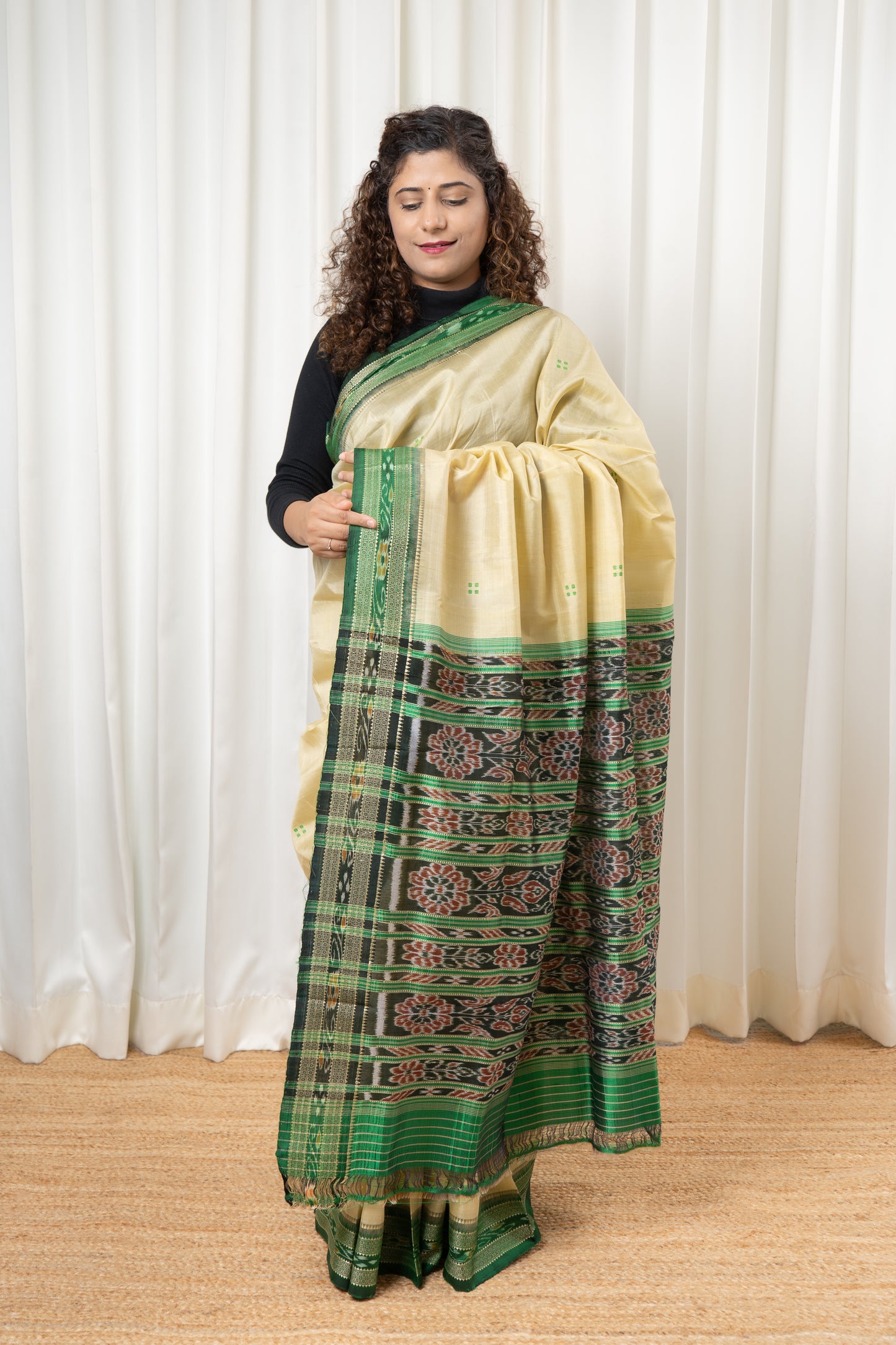 Odisha Ikkat Khandua Pure Silk Saree- Beige And Green