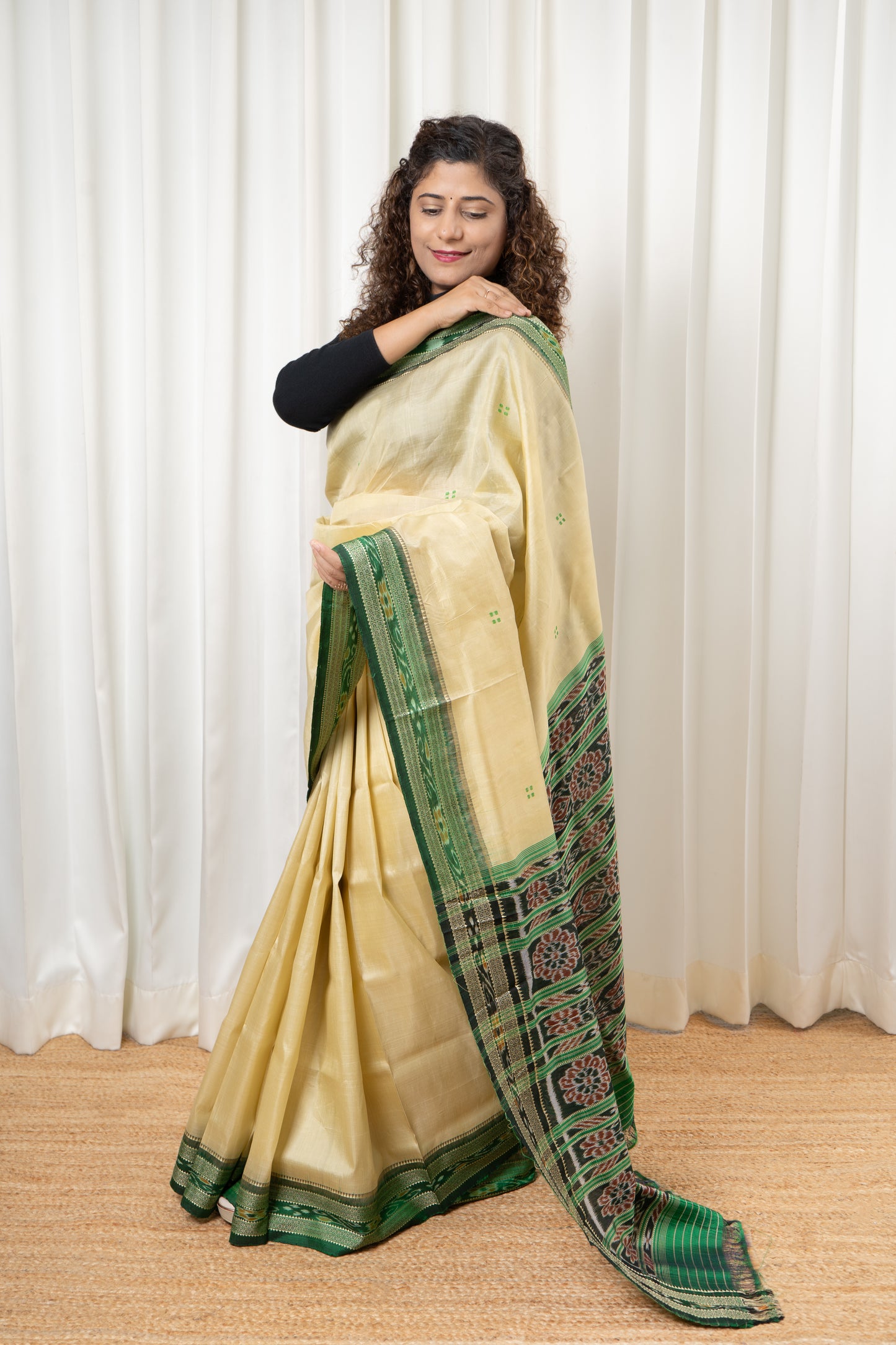 Odisha Ikkat Khandua Pure Silk Saree- Beige And Green
