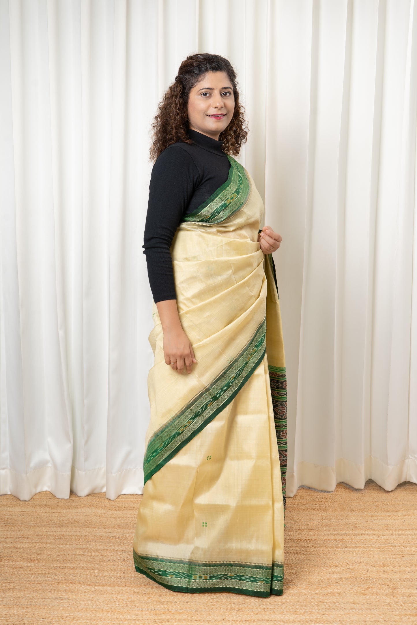 Odisha Ikkat Khandua Pure Silk Saree- Beige And Green