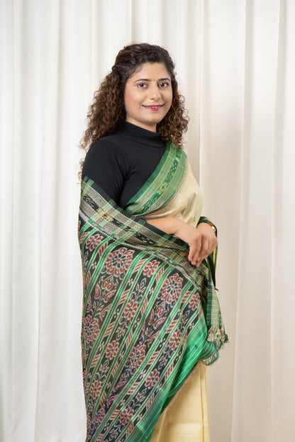 Odisha Ikkat Khandua Pure Silk Saree- Beige And Green