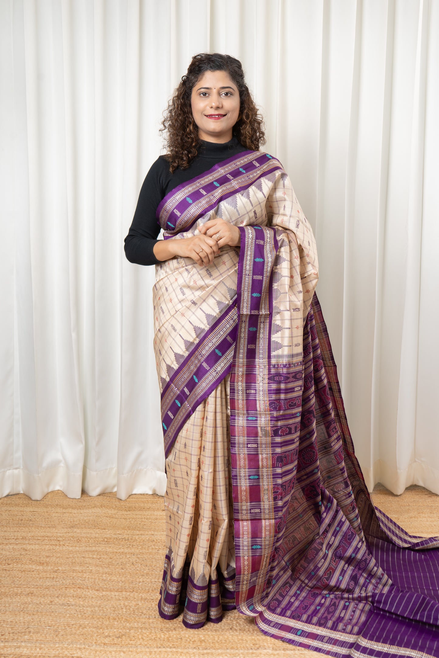 Exclusive Sambalpuri Hazar Buti Mulberry-Tussar Silk Saree- Beige