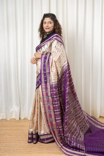Exclusive Sambalpuri Hazar Buti Mulberry-Tussar Silk Saree- Beige
