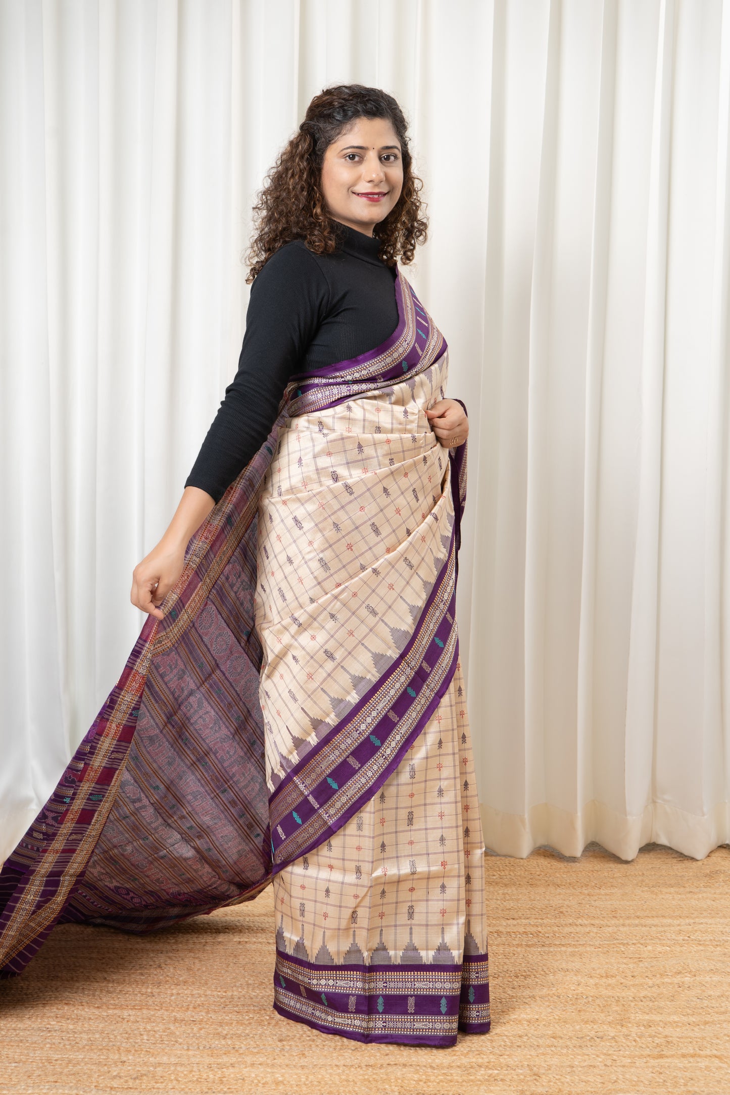 Exclusive Sambalpuri Hazar Buti Mulberry-Tussar Silk Saree- Beige
