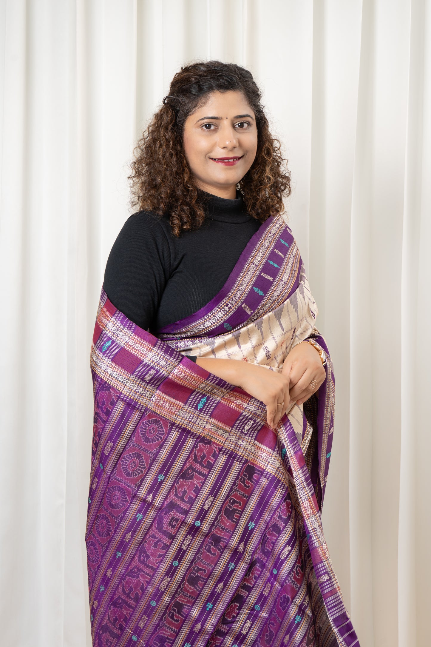 Exclusive Sambalpuri Hazar Buti Mulberry-Tussar Silk Saree- Beige