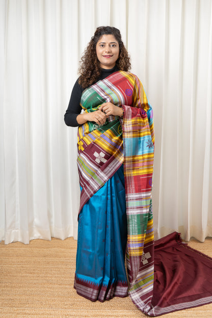 Exclusive Double Pallu Berhampuri Pure Silk Patta Saree - Blue & Deep Maroon