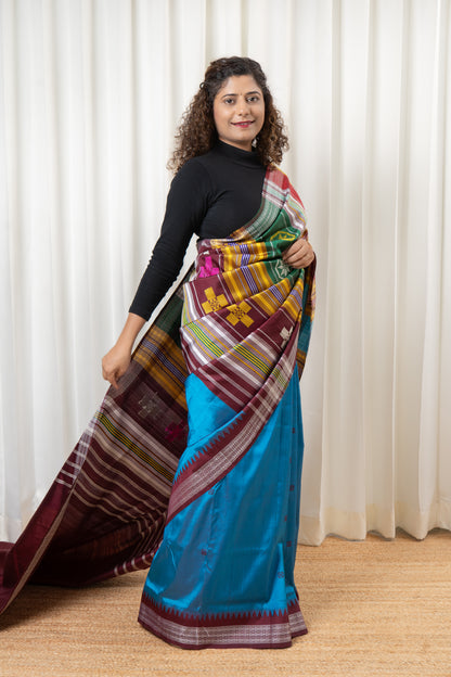 Exclusive Double Pallu Berhampuri Pure Silk Patta Saree - Blue & Deep Maroon