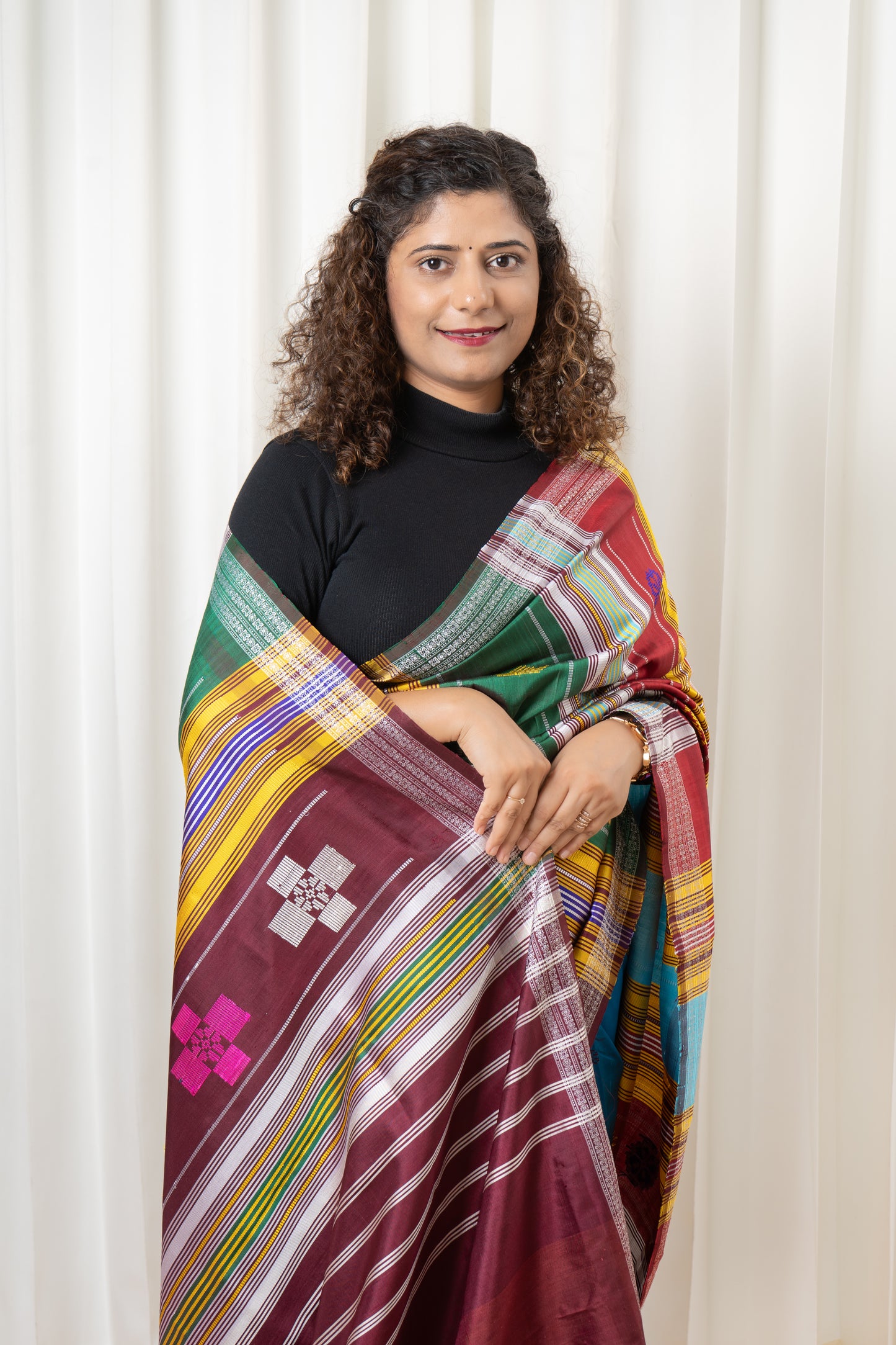 Exclusive Double Pallu Berhampuri Pure Silk Patta Saree - Blue & Deep Maroon