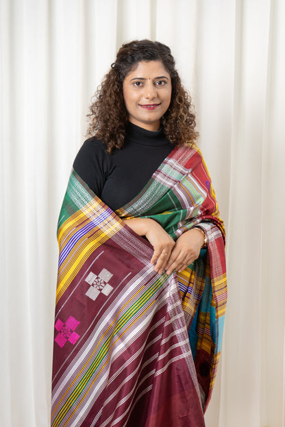 Exclusive Double Pallu Berhampuri Pure Silk Patta Saree - Blue & Deep Maroon