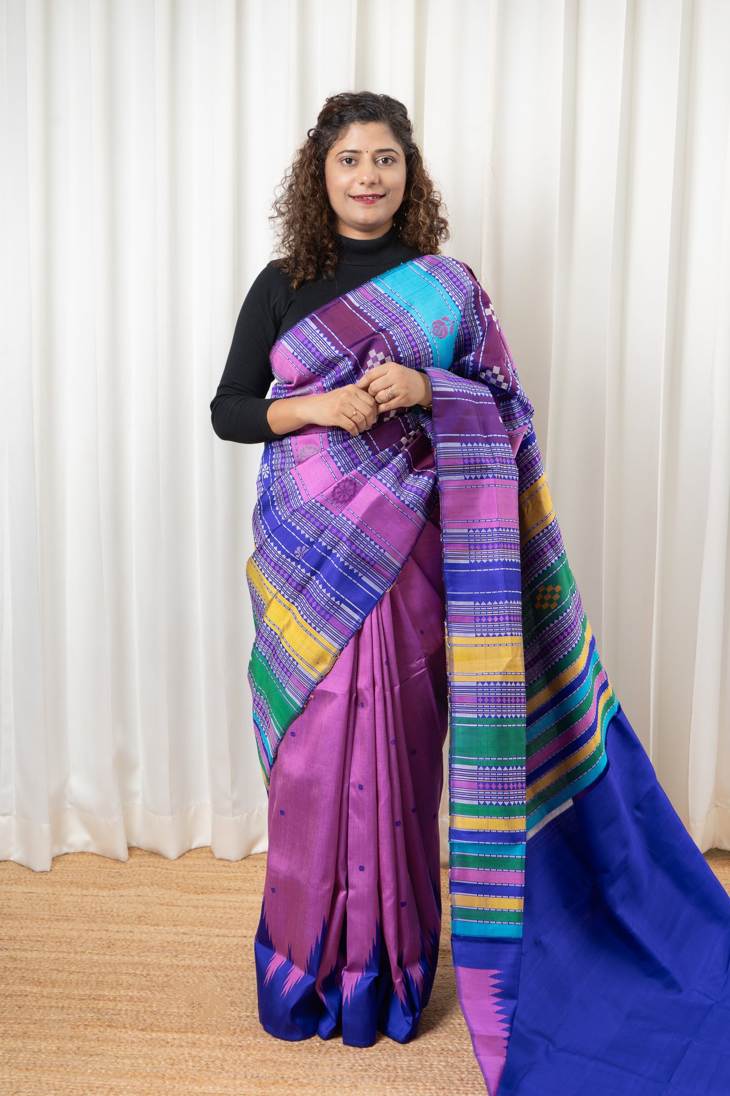 Exclusive Double Pallu Berhampuri Pure Silk Patta Saree - Pink & Purple