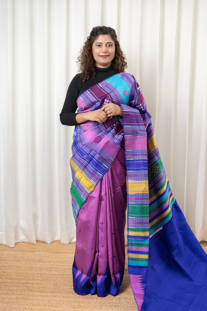Exclusive Double Pallu Berhampuri Pure Silk Patta Saree - Pink & Purple